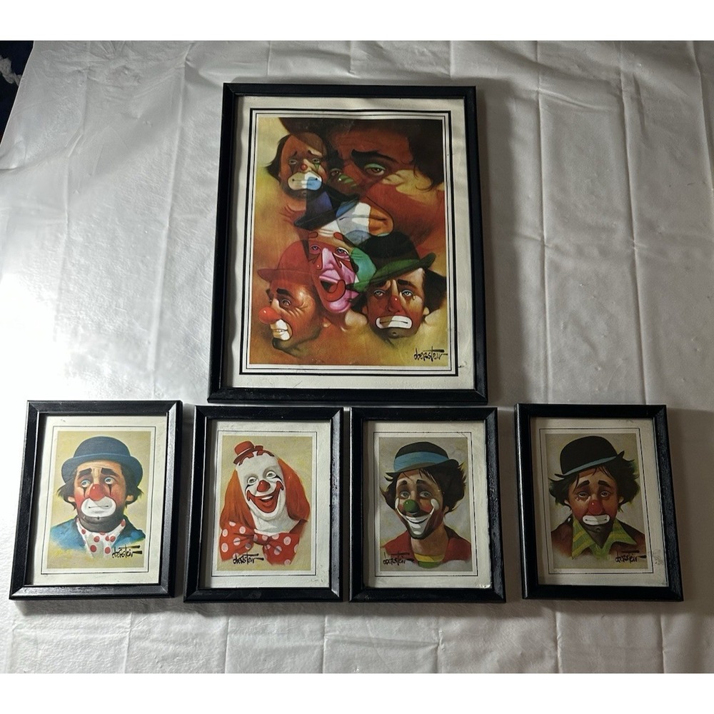 Vintage Chuck Oberstein Clown Prints Lot 5 Framed Sad Clown Art Portraits